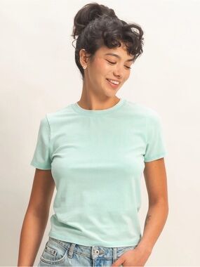NEW Double Zero Turquoise Green Mineral Wash Fitted Tee Crew Neck Shirt Top